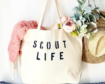 SCOUT LIFE over sized canvas tote bag, boy scout leader tote bag, girl scout camp bag, scout camp bag, customizable bag, scout stuff, scouty