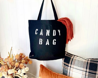 CANDY BAG black canvas tote bag, Halloween tote, Bag for Trick or Treating, Candy bag for Trick or Treating, gift for Halloween, minimalist