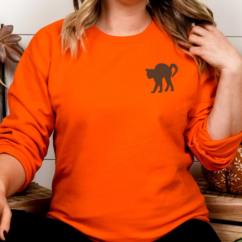 Op de afbeelding: Oranje longsleeve sweatshirt met een zwart katten silhouet op de linker borst.