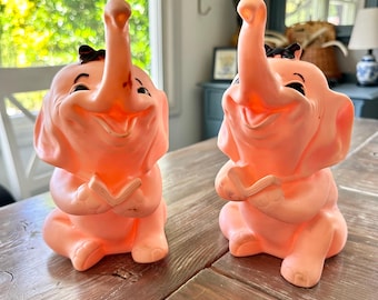 Pair of Vintage Mid Century Pink Rubber Elephant Squeak Toys From Ashland Prod. Corp 1964