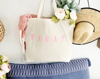 Grand sac fourre-tout en toile VACAY, sac de plage de vacances, sac fourre-tout de style minimaliste, grand sac de voyage, grand sac de plage, sacs assortis pour escapade entre filles