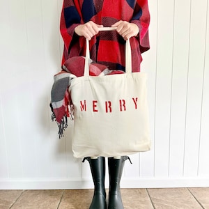 MERRY over sized canvas tote bag, Christmas tote, Merry Bag, Reusable Shopping Bag, Minimalist Tote, Holiday Gift Bag, Holiday Party Favors