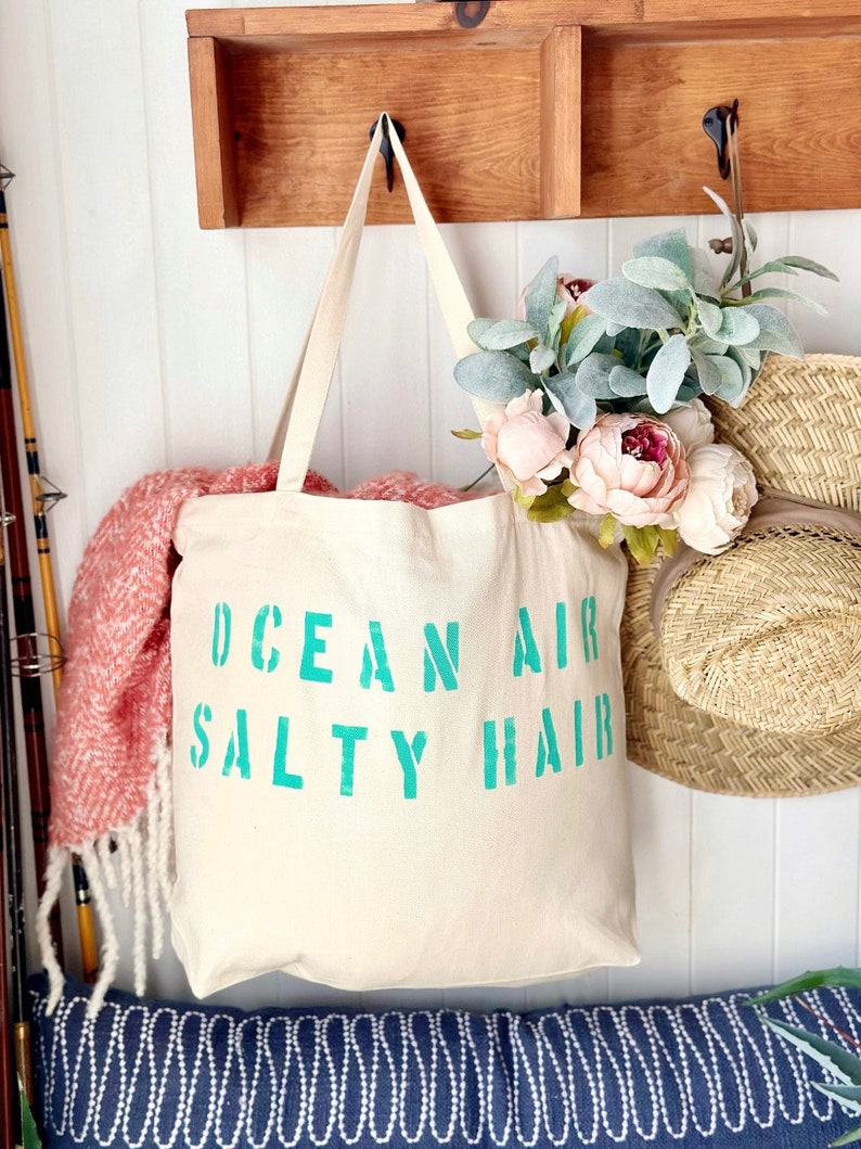 OCEAN AIR SALTY hair over sized canvas tote bag in turquoise text, beach bag, travel bag, vacay bag, mom bag, big beach bag, girls trip,gift image 3