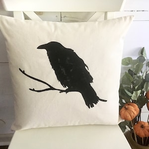 Raven throw pillow cover, Halloween throw pillow cover, minimalistic fall decor, farmhouse fall decor, Halloween pillows, the raven, fall