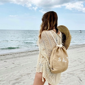 SALTY drawstring backpack, jute and cotton backpack, drawstring bag, SALTY backpack, beach bag, beach backpack, burlap bag, backpack, teen image 4