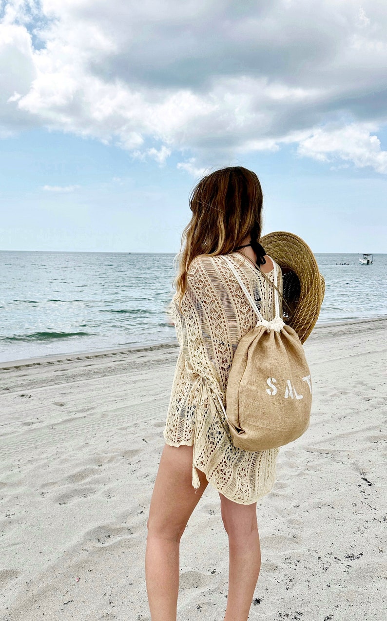 SALTY drawstring backpack, jute and cotton backpack, drawstring bag, SALTY backpack, beach bag, beach backpack, burlap bag, backpack, teen image 4