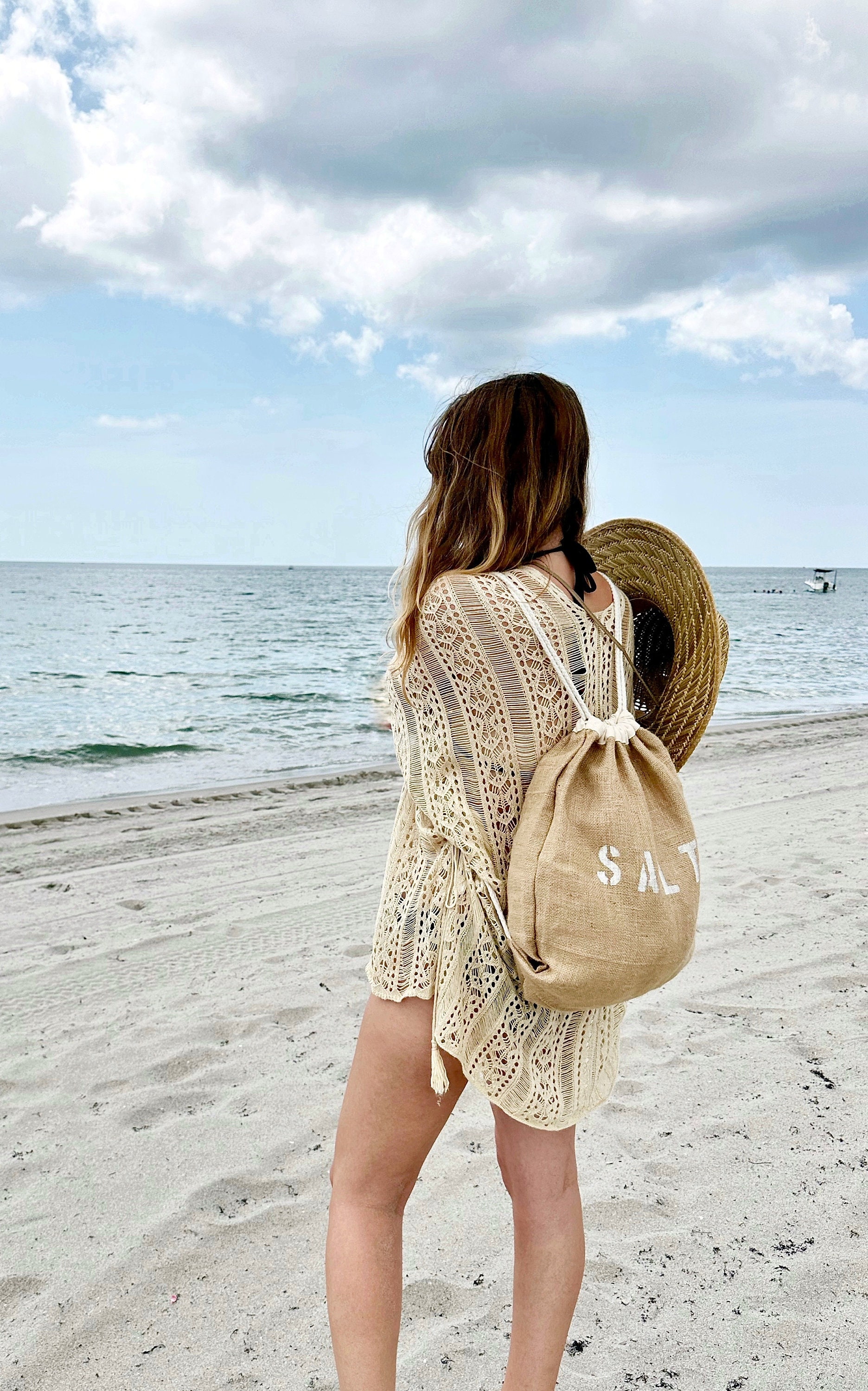 SALTY Drawstring Backpack, Jute and Cotton Backpack  display picture 2