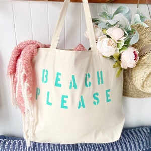 BEACH PLEASE over sized canvas tote bag, girls trip tote bag, big beach bag, large beach bag, travel bag, custom beach bag, mom bag, gift Turquoise