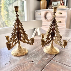 Pair of Vintage Brass Christmas Tree Taper Candle Holders, Xmas Decor, Holiday Tablecape Mantle Decor, Gift Idea, December decorating