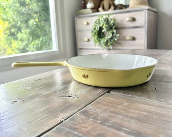 Rare Vintage Dru Holland Yellow Cast Iron Enamel Pan, 9.5” Round, Saute Pan, Gift for Collector