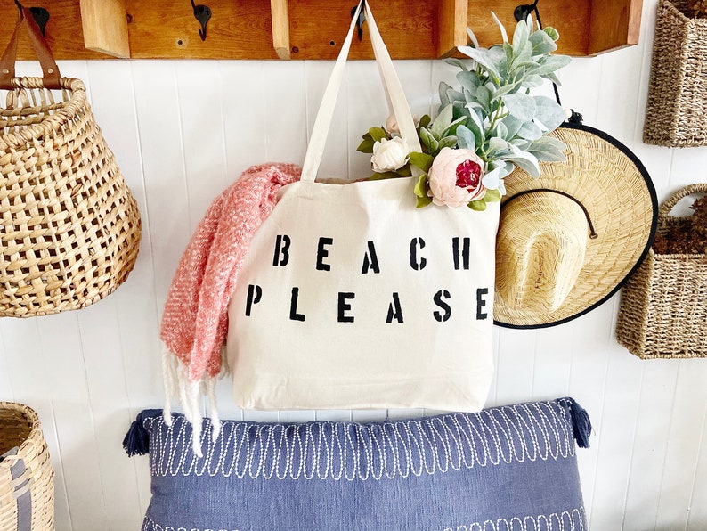 BEACH PLEASE over sized canvas tote bag, girls trip tote bag, big beach bag, large beach bag, travel bag, custom beach bag, mom bag, gift Black