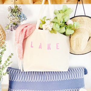 LAKE over sized canvas tote bag, minimalist tote bag, Lake Trip bag, bag for the lake, lake house tote bag, reusable shopping bag, gift idea