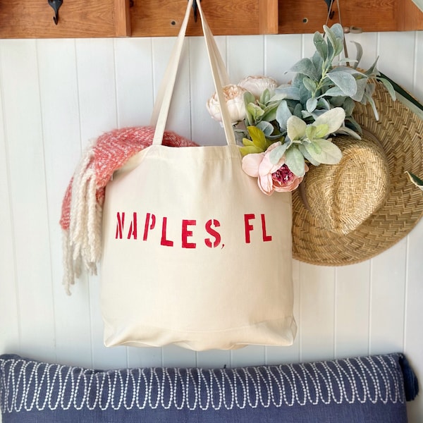 NAPLES, FL customized over sized canvas tote bag, hand painted bag, reusable shopping bag, personalized beach bag, summer bag, overnight bag