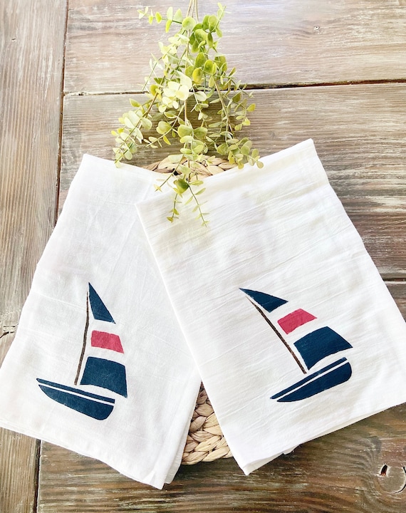 Set of 2 Hand Painted Sailboat Flour Sack Kitchen Towels 