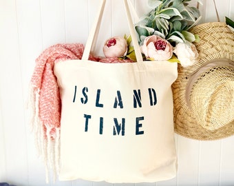 Island Time over sized canvas tote bag, large beach bag, travel bag, beach tote, ladies trip tote bag, vacation tote bag, holiday gift idea
