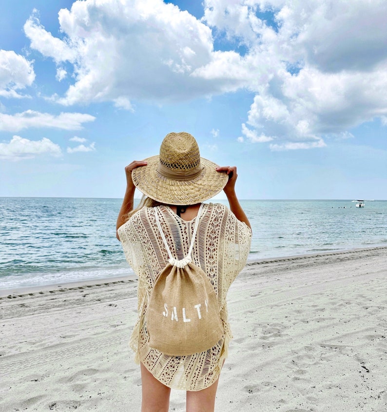 SALTY drawstring backpack, jute and cotton backpack, drawstring bag, SALTY backpack, beach bag, beach backpack, burlap bag, backpack, teen image 1