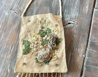 Antique Purse With Floral Embelished and Beaded details, Vintage pocketbook, flap purse, gift for her, collectible, VTG Handbag