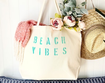 BEACH VIBES over sized tote, girls getaway tote bag, big beach bag, large beach bag, reusable shopping bag, travel bag, tote bag, gift idea