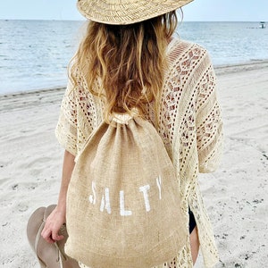 SALTY drawstring backpack, jute and cotton backpack, drawstring bag, SALTY backpack, beach bag, beach backpack, burlap bag, backpack, teen image 2