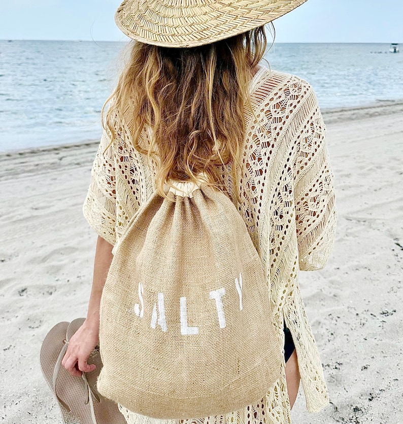 SALTY drawstring backpack, jute and cotton backpack, drawstring bag, SALTY backpack, beach bag, beach backpack, burlap bag, backpack, teen image 2