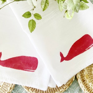 Set of 2 Hand Painted Whale flour sack kitchen towels, Beach House Tea towel, nautical whale beach house gift idea, coastal kitchen decor red