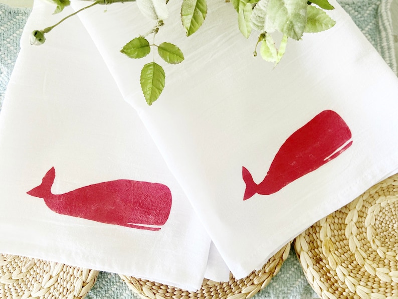 Set of 2 Hand Painted Whale flour sack kitchen towels, Beach House Tea towel, nautical whale beach house gift idea, coastal kitchen decor red