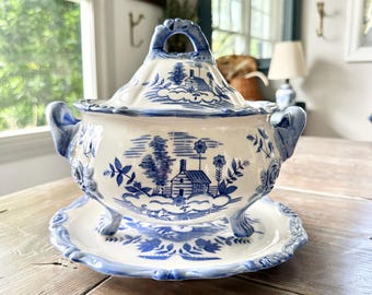 Vintage Blue and White Ceramic Footed Soup Tureen with Lid and Underplate, No Ladle