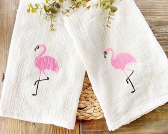 Set of 2 Hand Painted Flamingo flour sack kitchen towels, flour sack towel, kitchen towel, flamingo towel, flamingo decor, tea towel,gift