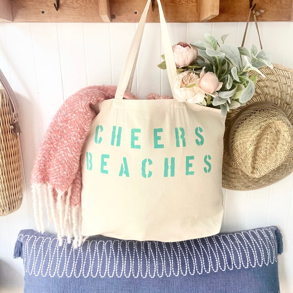 CHEERS BEACHES over sized canvas tote bag, summer style, gift for her, minimalist, beach bag, large beach bag, weekender bag, customizable