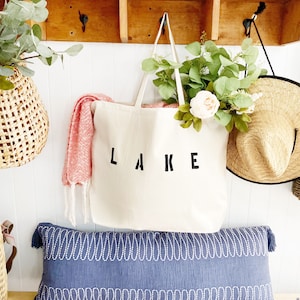 LAKE over sized canvas tote bag, bag for lake trip, ladies trip tote bag, reusable shopping bag, big tote, mom bag, travel bag, gift for her