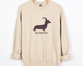 Halloweenie Dachshund Crewneck Pullover SweatShirt, Funny Unisex Wiener Dog Halloween, Sausage Dog Spooky Season, Dog Lover Fall Graphic Tee