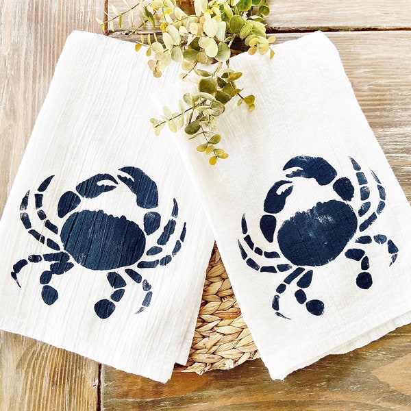 Set of 2 Hand painted Crab flour sack kitchen towels, kitchen towel, dish towel, crab decor, crab towel, gift idea, beach house decor, crab