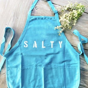 Hand Painted turquoise SALTY apron with adjustable strap and waist tie, and front pockets, gift idea, baker gift, housewarming, homemaker