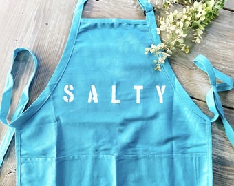 Hand Painted Turquoise "SALTY" Apron: Adjustable Cotton Twill