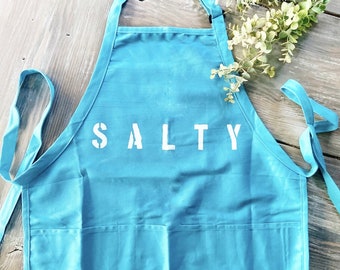 Hand Painted turquoise SALTY apron with adjustable strap and waist tie, and front pockets, gift idea, baker gift, housewarming, homemaker