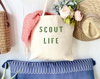 SCOUT LIFE over sized canvas tote bag, boy scout leader tote bag, girl scout camp bag, scout camp bag, customizable bag, scout stuff, scouty