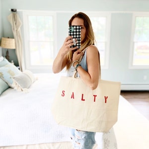 SALTY oversized canvas beach tote bag, big beach bag, minimalist tote bag, reusable shopping bag, summer bag, boho, gift for her, mom bag red