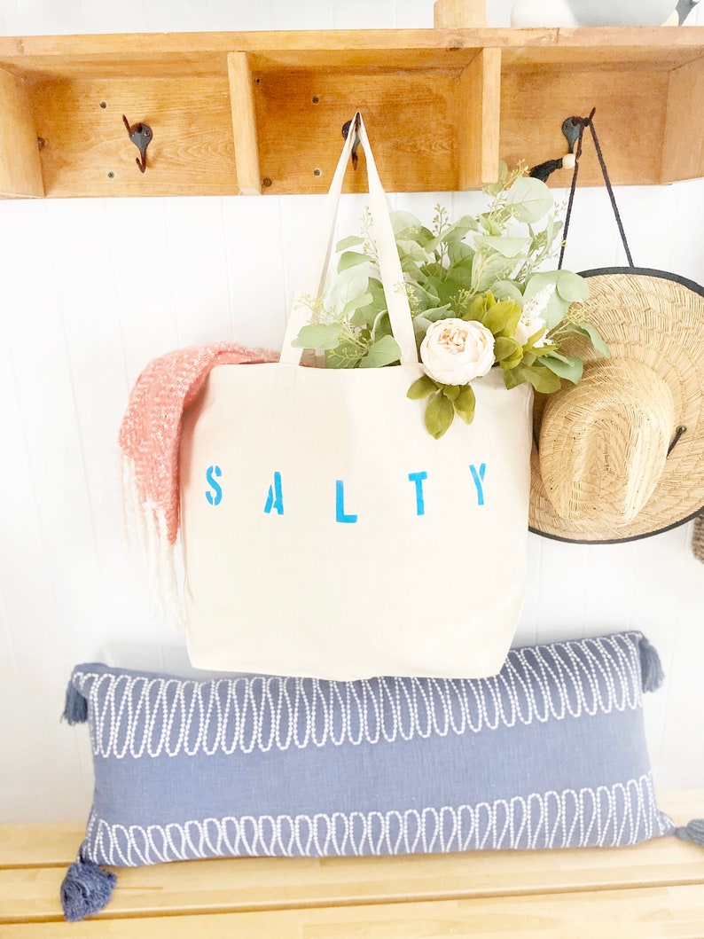 SALTY oversized canvas beach tote bag, big beach bag, minimalist tote bag, reusable shopping bag, summer bag, boho, gift for her, mom bag light blue