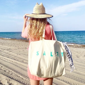 SALTY oversized canvas beach tote bag, big beach bag, minimalist tote bag, reusable shopping bag, summer bag, boho, gift for her, mom bag turquoise