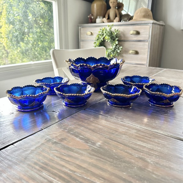 Rare Vintage Northwood Regent Leaf Medallion Cobalt Blue and Gold Glass Bowl 7-piece Set, VTG Glass Bowls, Collectible, Gift for collector