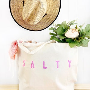 SALTY oversized canvas beach tote bag, big beach bag, minimalist tote bag, reusable shopping bag, summer bag, boho, gift for her, mom bag hot pink