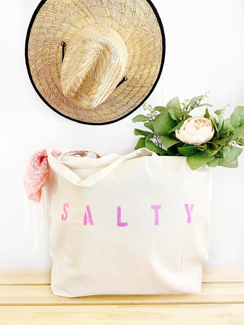 SALTY oversized canvas beach tote bag, big beach bag, minimalist tote bag, reusable shopping bag, summer bag, boho, gift for her, mom bag hot pink