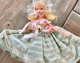 Vintage 1940’s Nancy Ann Bisque Storybook Doll Collectible Blonde Wearing Blue Striped Dress