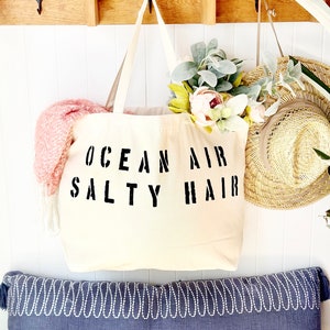 OCEAN AIR SALTY hair over sized canvas tote bag in turquoise text, beach bag, travel bag, vacay bag, mom bag, big beach bag, girls trip,gift black