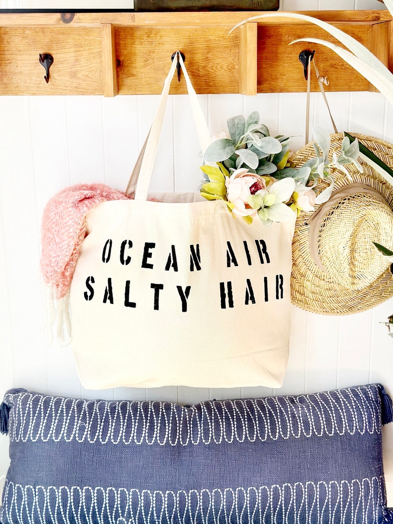 OCEAN AIR SALTY hair over sized canvas tote bag in turquoise text, beach bag, travel bag, vacay bag, mom bag, big beach bag, girls trip,gift black