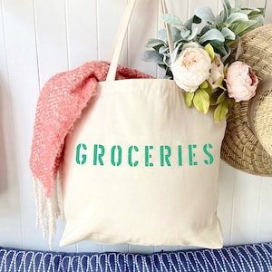 GROCERIES oversized canvas tote bag, Grocery bag, eco friendly shopping bag, reusable tote bag, farmers market bag, unique holiday gift idea