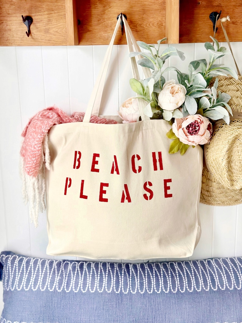 BEACH PLEASE over sized canvas tote bag, girls trip tote bag, big beach bag, large beach bag, travel bag, custom beach bag, mom bag, gift Red