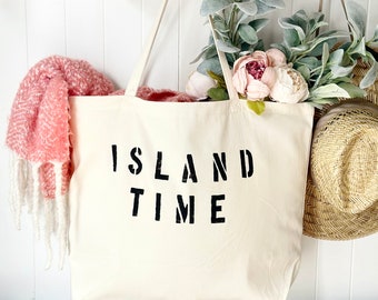 Island Time over sized canvas tote bag, big beach bag, shopping bag, Holiday gift for her, travel bag, girls trip tote, minimalist tote bag