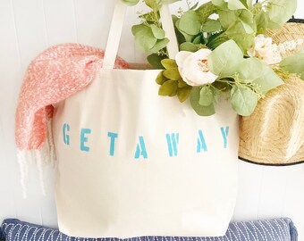 GETAWAY over sized canvas tote with turquoise text, weekender bag, tote bag, travel bag, beach bag, overnight bag, gift for her, travel bag