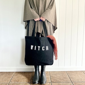 WITCH black canvas tote bag, Halloween tote, Bag for Trick or Treating, Witch Costume bag, Gift for Halloween, Minimalist Halloween Tote Bag